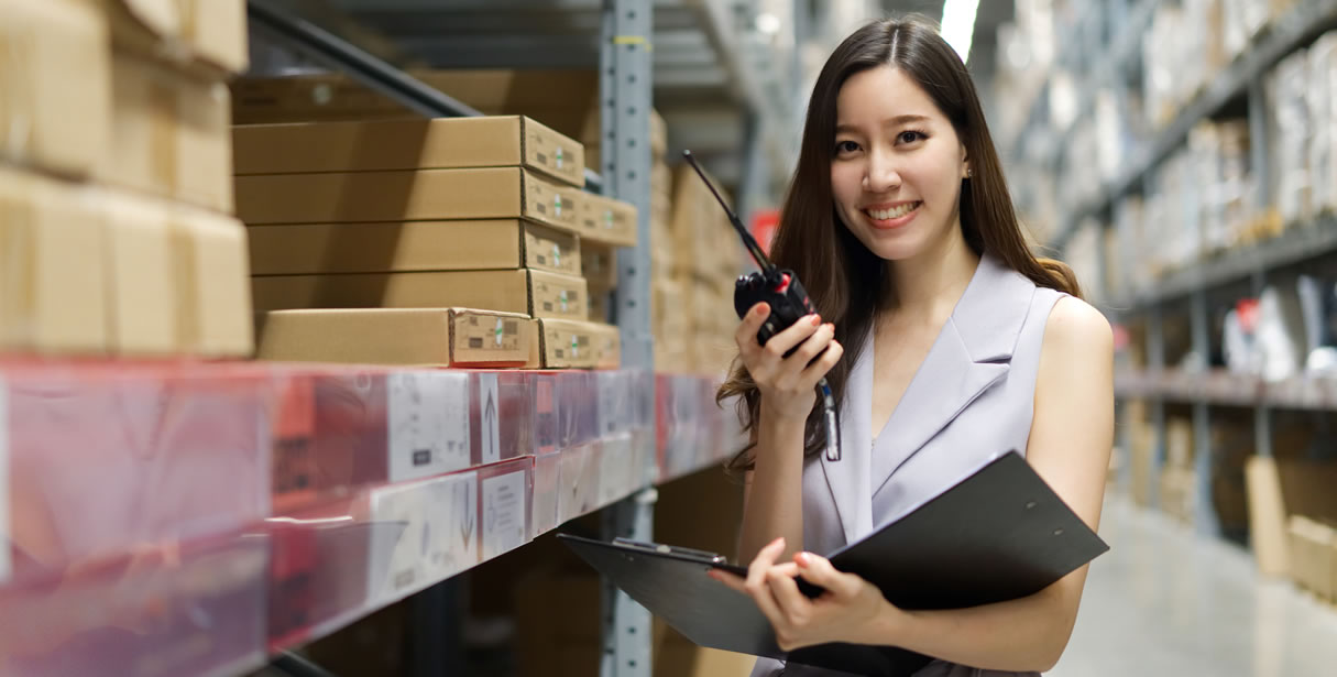 Chinese woman in warehouse