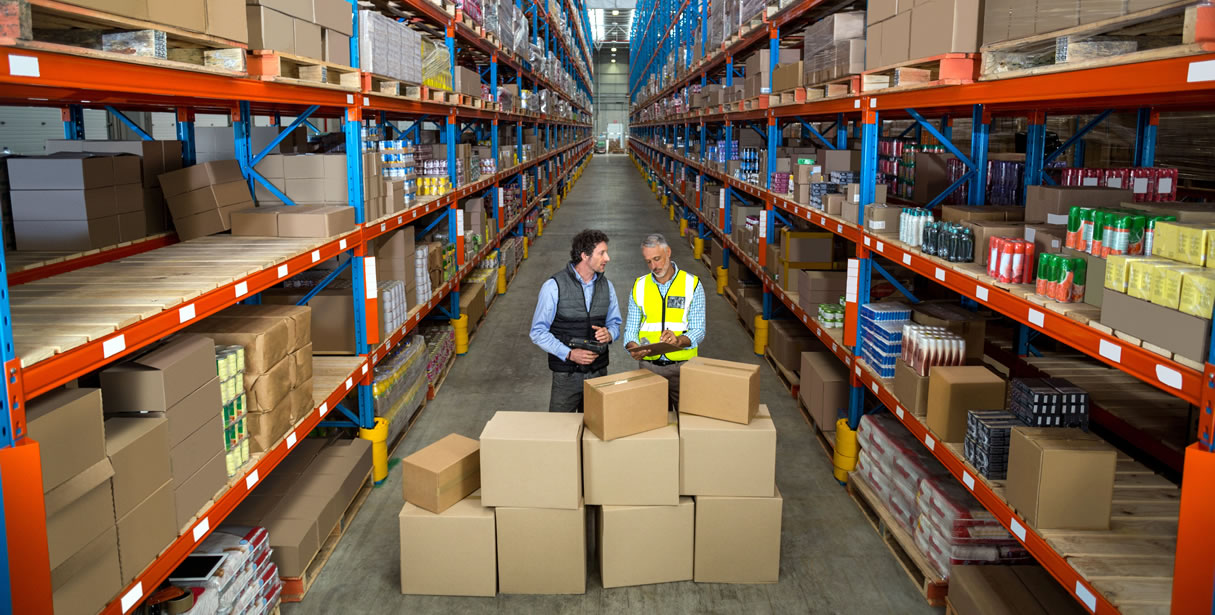 Men discussing over boxes in warehouse