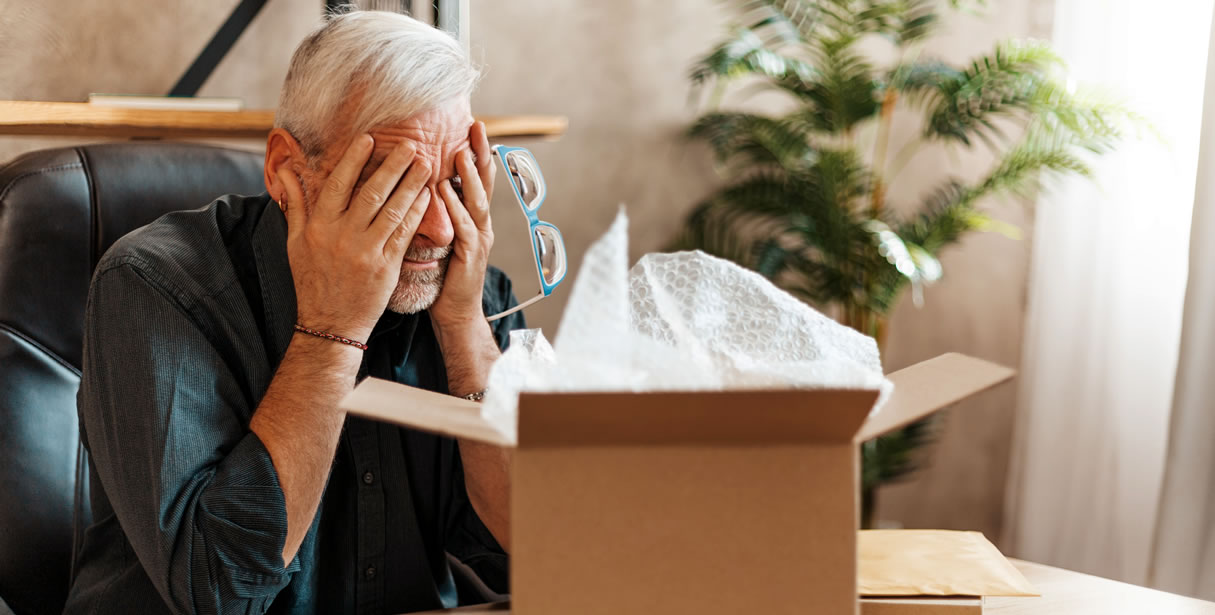 Man rubbing eyes with opened parcel on desk