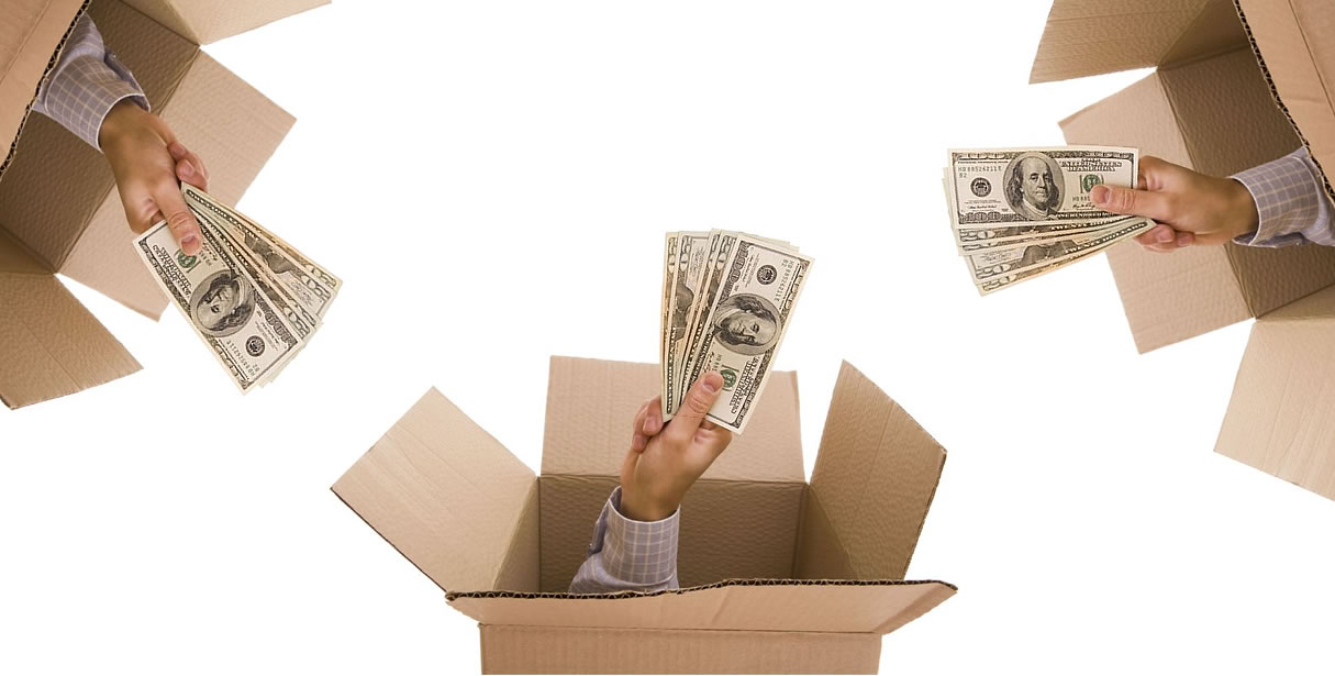 3 hands offering money from cardboard boxes