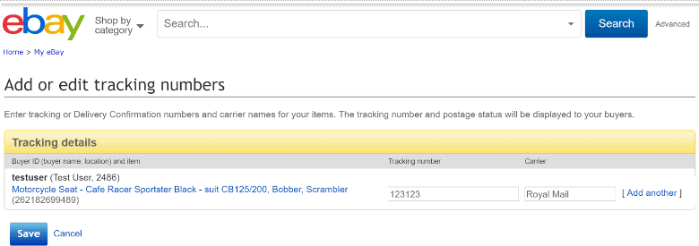 eBay Tracking Numbers