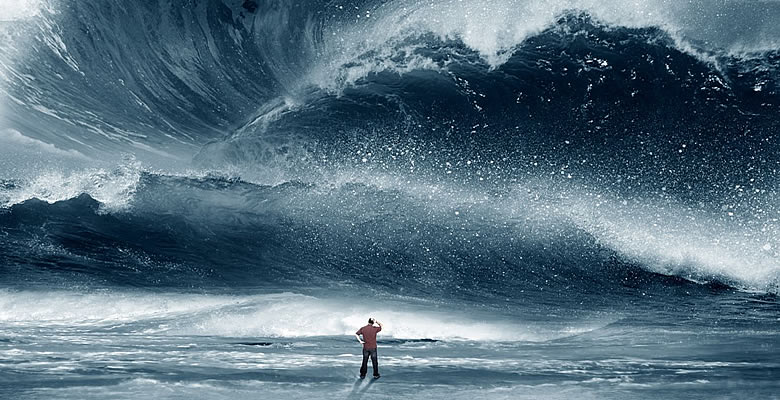 Man facing tsunami