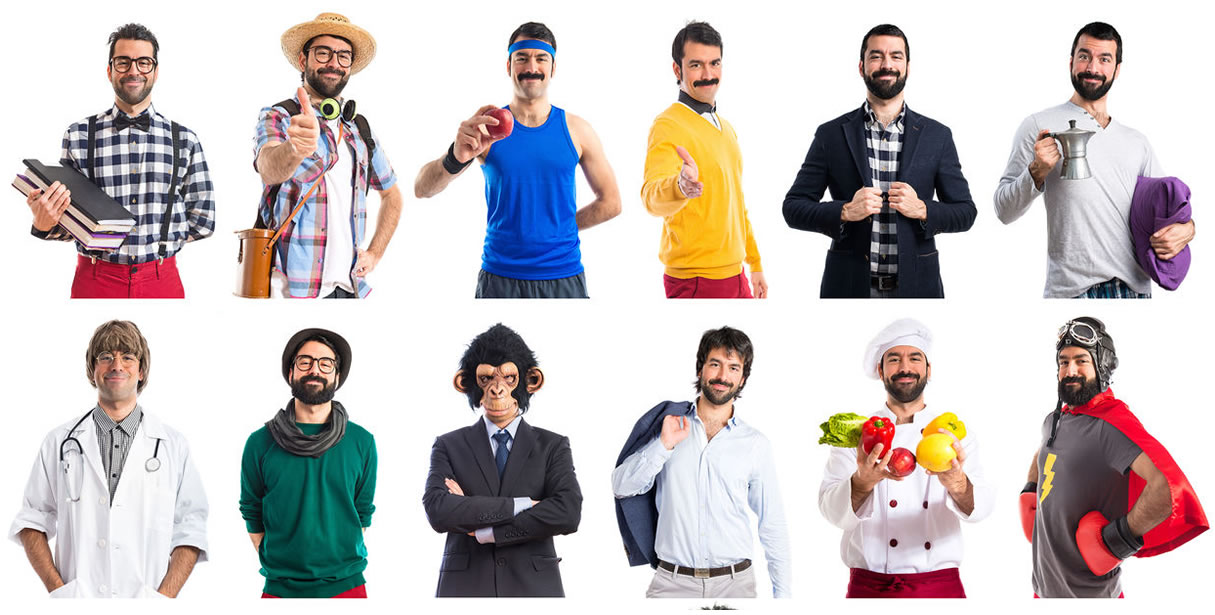 Man wearing many different costumes