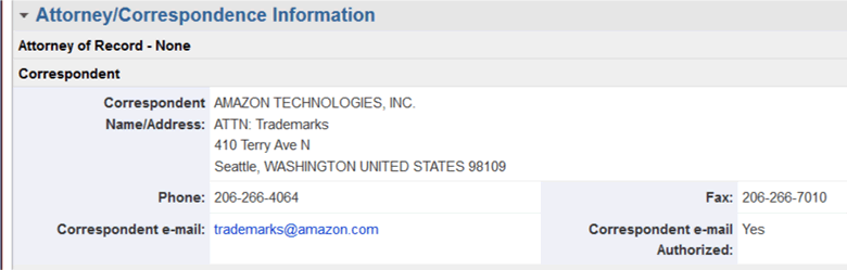 USPTO trademark entry for Amazon