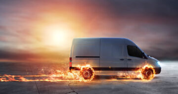Van with wheels on fire