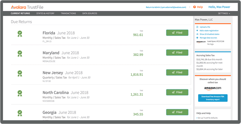 Avalara TrustFile Due Sales Tax Returns