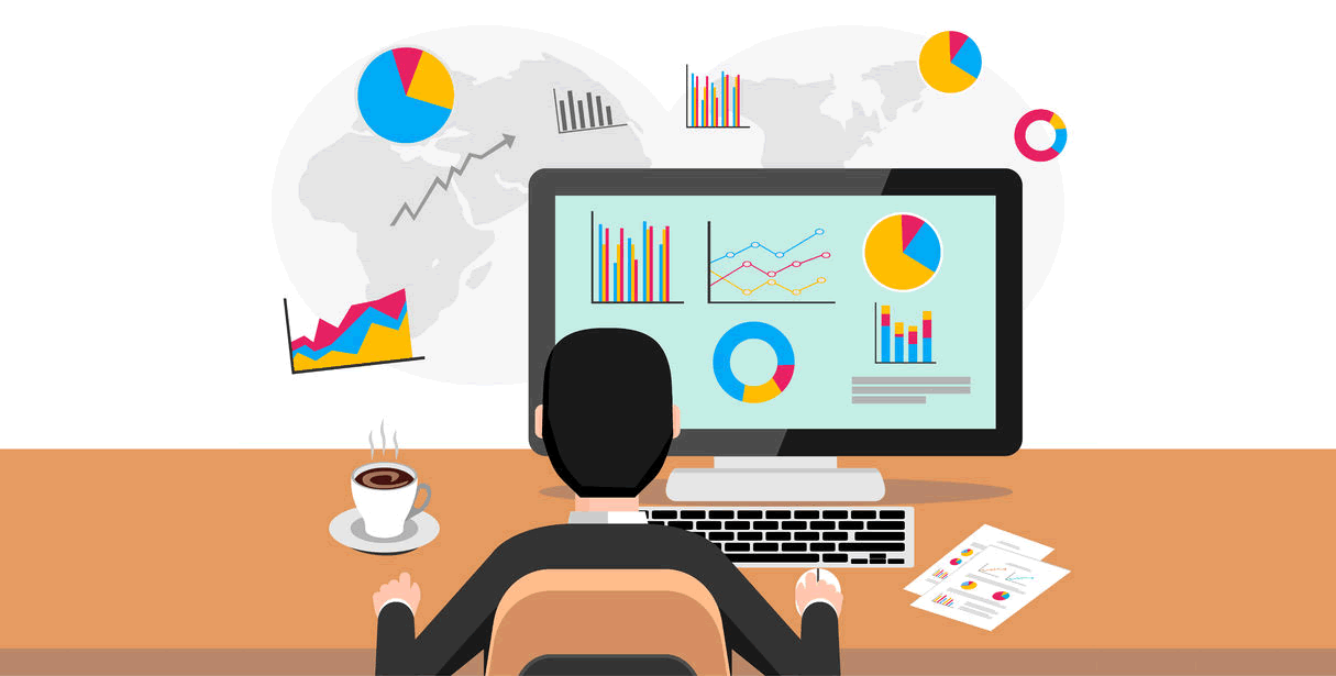 Man viewing charts on PC representing ShelfTrend eBay research