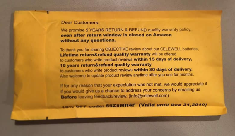 Package offering incentive for Amazon review
