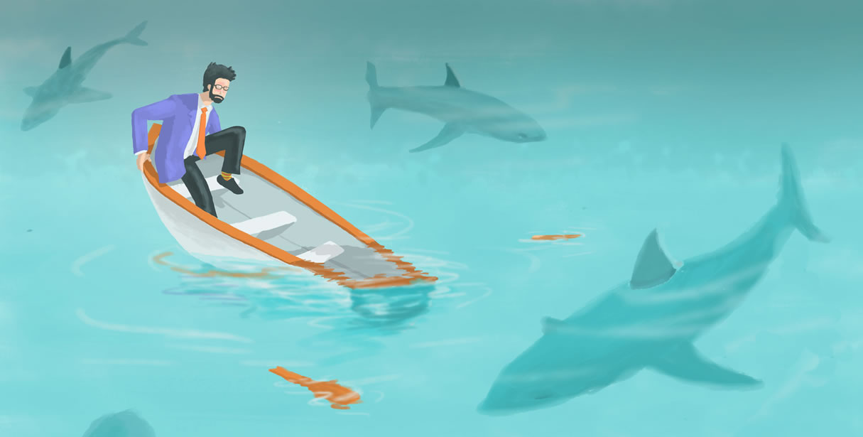 Man in broken boat being circled by sharks