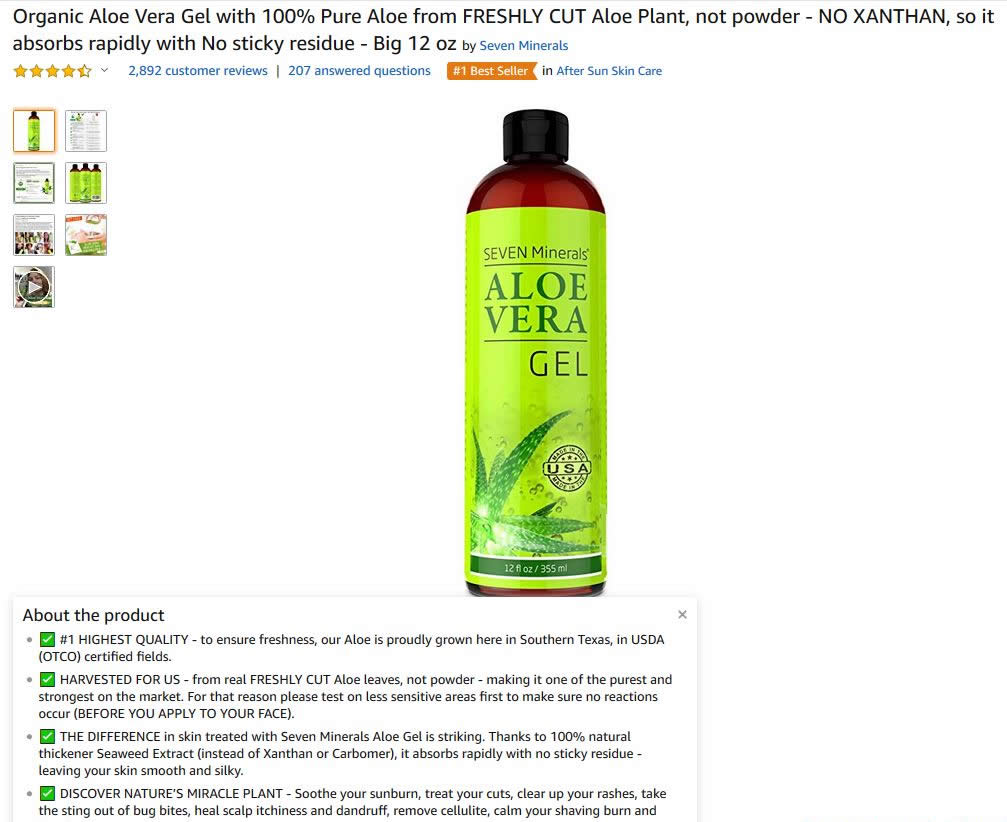 Organic aloe vera gel
