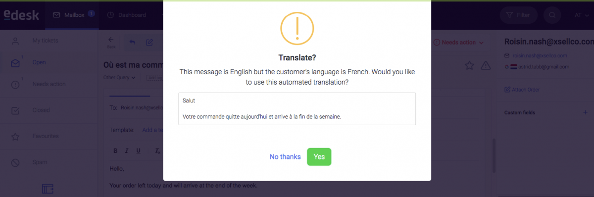 eDesk translation prompt