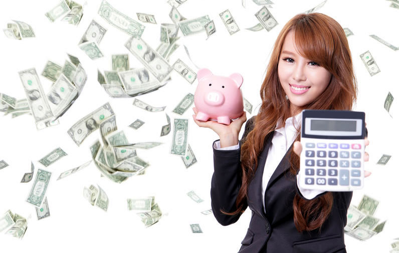 Chinese woman with calculator raining money