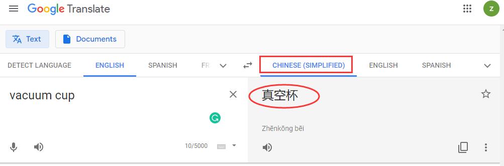 Google Translate English to Chinese