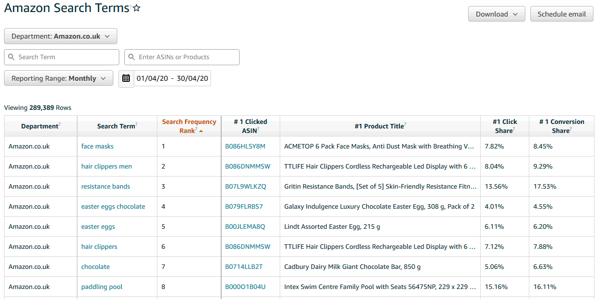 Amazon Search Terms report example