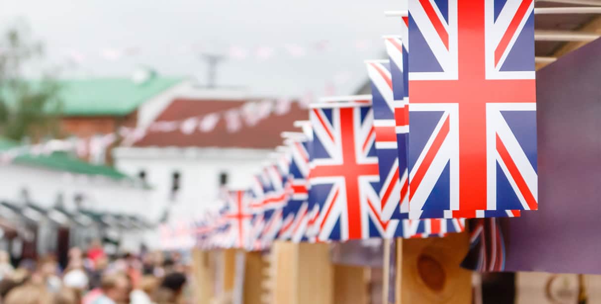 Marketplace in the UK with flags