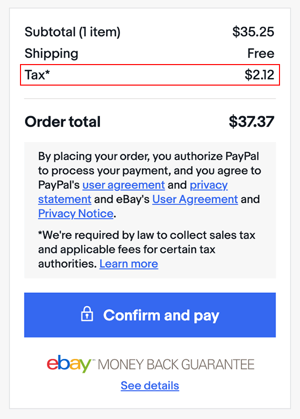 eBay checkout showing sales tax highlighted