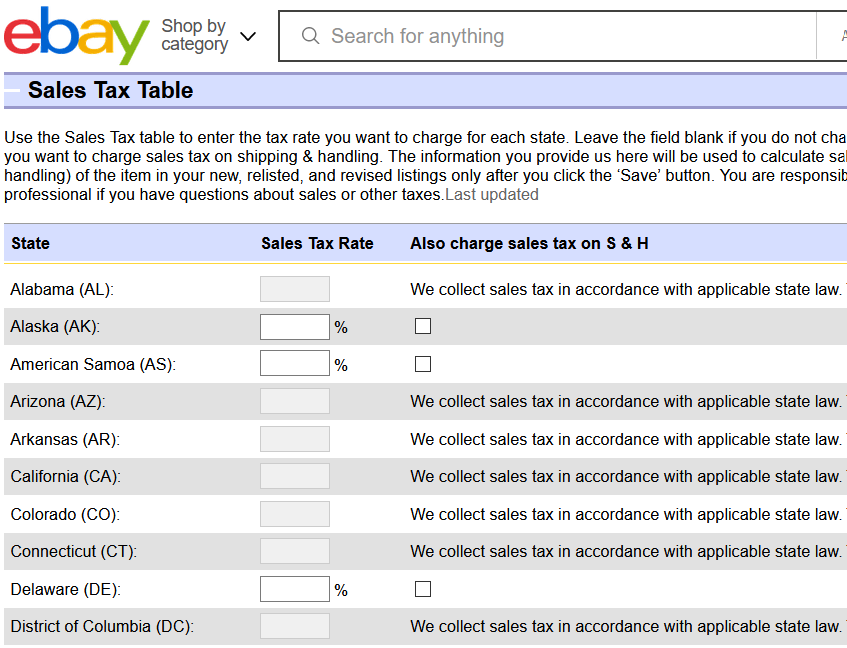 eBay sales tax table