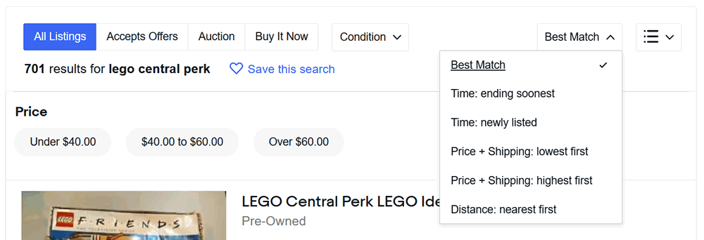 1. eBay sort order Best Match default