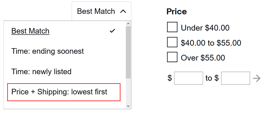 11. eBay price filters and sort by price
