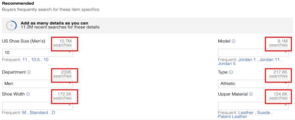 9. eBay item specifics search volumes