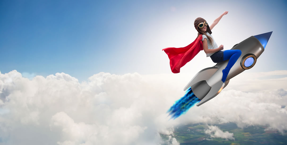Girl riding rocket in the sky
