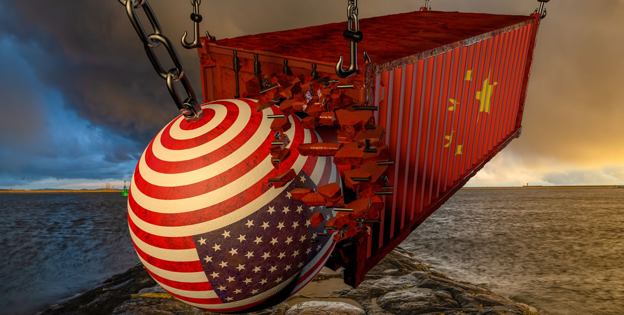 USA wrecking ball hitting Chinese shipping container