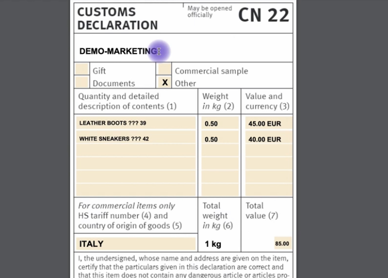 Sample of a CN22 form